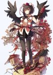  autumn_leaves belt bird black_hair black_legwear black_skirt black_wings blue_background cibo_(killy) collared_shirt crow expressionless fan feathered_wings full_body geta gloves hand_on_sword hat long_sleeves looking_at_viewer maple_tree mask multiple_swords pantyhose red_eyes ribbon shameimaru_aya sheath shirt short_hair simple_background skirt solo standing tengu-geta tengu_mask tokin_hat touhou tree wings 