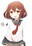  anchor_symbol black_skirt brown_hair character_name hair_between_eyes hair_ornament hairclip harusawa ikazuchi_(kantai_collection) kantai_collection long_sleeves neckerchief pleated_skirt red_neckwear school_uniform serafuku short_hair simple_background skirt solo translated white_background 