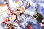  ass black_panties blonde_hair dasoey elbow_gloves gloves kantai_collection lifebuoy long_hair looking_at_viewer panties rensouhou-chan shimakaze_(kantai_collection) solo striped striped_legwear thighhighs thong underwear white_gloves 