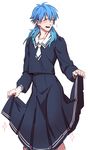  bad_id bad_pixiv_id blue_hair blush crossdressing dramatical_murder jeje_(pixiv12541114) long_hair long_skirt male_focus school_uniform serafuku seragaki_aoba skirt skirt_hold smile solo white_background 