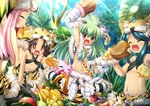  animal_ears anklet apple arm_up banana bikini_top black_panties blue_hair blush_stickers boned_meat brown_hair cameltoe cat_ears chain closed_eyes earrings eating elephant fake_animal_ears fang food forest fruit gloves green_hair hat highres jewelry kneehighs koihime_musou kuwada_yuuki long_hair meat mike_(koihime_musou) moukaku multiple_girls musaceae nature navel open_mouth outdoors panties paw_gloves paw_shoes paws pineapple pink_hair red_eyes shamu shoes sitting smile sparkling_eyes spread_legs tail thighhighs tiger_ears tora_(koihime_musou) tree twintails underwear 