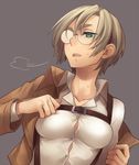  blue_eyes blush breasts breath commentary_request glasses jacket medium_breasts paradis_military_uniform rico_brzenska shingeki_no_kyojin short_hair silver_hair solo sweatdrop tkemn uniform 