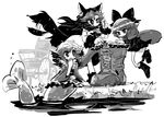  3girls animal_ears boots bow brooch cape dress hair_bow head_fins imaizumi_kagerou japanese_clothes jewelry kimono long_hair mermaid monochrome monster_girl multiple_girls needle sekibanki short_hair sketch skirt smile tongue tongue_out touhou wakasagihime water wheelchair wolf_ears yt_(wai-tei) 