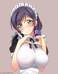  apron blush breasts green_eyes grin heart heart_hands highres huge_breasts long_hair looking_at_viewer love_live! love_live!_school_idol_project maid_apron maid_headdress no_bra purple_hair signature smile solo song_name toujou_nozomi twintails wonder_zone yu-ta 