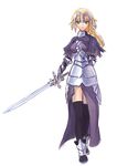  armor armored_dress bad_id bad_pixiv_id blonde_hair blue_eyes braid capelet dress fate/apocrypha fate_(series) fateline_alpha headpiece jeanne_d'arc_(fate) jeanne_d'arc_(fate)_(all) long_hair single_braid solo sword thighhighs weapon 
