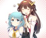  blue_eyes blue_hair brown_hair double_bun eighth_note hairband harusawa kantai_collection kongou_(kantai_collection) long_hair multiple_girls musical_note nontraditional_miko ribbon-trimmed_sleeves ribbon_trim skirt sleeves_rolled_up smile speech_bubble spoken_musical_note urakaze_(kantai_collection) 