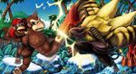  banana blonde_hair brown_hair capcom claws clenched_teeth crossover diddy_kong donkey_kong donkey_kong_(series) donkey_kong_country food fruit fur grin hat highres horns ice monkey monkey_tail monster_hunter nintendo no_humans palm_tree punching rajang red_eyes smile tail teeth tree tropical wyvernsmasher 