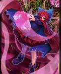  bamboo bamboo_forest bow cape covering_mouth disembodied_head forest hair_bow long_sleeves moon nature red_eyes red_hair red_moon sekibanki shirt short_hair skirt solo teko touhou 