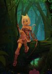  animal_ears bare_shoulders blonde_hair bow_(weapon) cat_ears cat_tail green_eyes highres in_tree original short_hair sitting sitting_in_tree solo sonikey0_0 tail tree weapon 