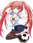  1girl ass ball bra breasts green_eyes hair_ornament hairclip heart heart_hair_ornament highres long_hair looking_at_viewer medium_breasts open_mouth pink_bra pink_hair plaid plaid_scarf red_hair scarf skirt smile soccer_ball soccer_spirits solo telstar thighhighs transparent_background twintails underwear very_long_hair victoria_(soccer_spirits) 