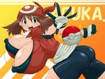  1girl age_progression areola_slip areolae blush bouncing_breasts breasts brown_hair erect_nipples gigantic_breasts green_eyes happy haruka_(pokemon) looking_at_viewer mr._bones open_mouth pokemon smile solo sweat 