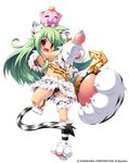  absurdres animal_ears animal_print anklet black_panties cameltoe cat_ears cat_tail chain earrings fang full_body gloves green_hair highres jewelry koihime_musou kuwada_yuuki long_hair moukaku navel official_art panties paw_gloves paw_shoes paws pointing polearm red_eyes shoes smile solo tail tiger_ears tiger_print transparent_background underwear weapon 