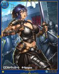  1girl bare_shoulders blue_hair breasts cleavage female fighting_stance large_breasts lieqi_hun looking_at_viewer midriff navel open_mouth purple_eyes short_hair shouting solo sword yelling 