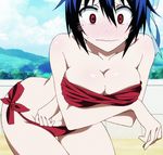  1girl animated animated_gif bare_shoulders bikini blue_hair blush breast_hold breasts cleavage nisekoi open_mouth red_eyes short_hair solo swimsuit tagme tsugumi_seishirou 