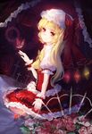  asymmetrical_hair asymmetrical_wings birdcage blonde_hair cage dress flandre_scarlet frilled_dress frills light_smile long_hair looking_at_viewer maccha_(mochancc) puffy_short_sleeves puffy_sleeves red_dress red_eyes short_sleeves side_ponytail sitting solo touhou wings wrist_cuffs 