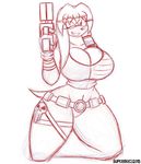  2015 anthro big_breasts breasts cleavage clothed clothing echidna female gun huge_breasts julie-su mammal monotreme ranged_weapon smile solo supersonicrulaa weapon 