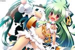 absurdres animal_ears cat_ears chain earrings fang gloves green_hair highres huge_filesize jewelry koihime_musou kuwada_yuuki long_hair midriff moukaku navel open_mouth paw_gloves paw_shoes paws pointing red_eyes shoes smile solo staff tail very_long_hair weapon 