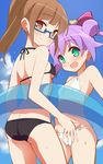  9law :d ass bikini black_bikini blue-framed_eyewear blush bow breasts brown_eyes day double_bun flat_ass flat_chest glasses green_eyes hair_bow long_hair looking_at_viewer manaka_lala minami_mirei multiple_girls open_mouth ponytail pretty_(series) pripara purple_hair short_hair smile swimsuit white_bikini 