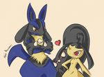  1girl gen_3_pokemon gen_4_pokemon heart heiji-koumori lucario mawile one_eye_closed pokemon pokemon_(creature) red_eyes spikes 