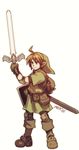  ahoge blonde_hair boots elbow_pads hat highres holding holding_sword holding_weapon knee_pads left-handed link male_focus master_sword pointy_ears robert_porter scabbard sheath shield solo sword the_legend_of_zelda tunic weapon 