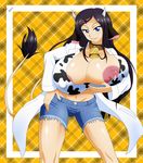  abstract_background animal_ears anthro big_breasts black_hair blue_eyes blush bovine breasts collar cow_ears cowbell erect_nipples female hair horn huge_breasts humanoid lactating long_hair mammal milk nipples oxdaman pose solo 
