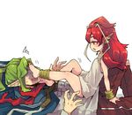  1girl anklet barefoot cape ga-tan_(log_horizon) girl_on_top green_hair jewelry k.r. log_horizon long_hair mo_(deciliter) red_eyes red_hair 