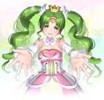  bangs bare_shoulders blush bow colored_eyelashes detached_collar detached_sleeves falulu forehead_jewel fukurokouji green_hair grey_eyes hair_ornament head_tilt heart long_hair looking_at_viewer open_mouth outstretched_arms parted_bangs pretty_(series) pripara reaching smile solo sparkle tiara twintails wavy_hair 
