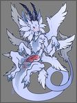  alternate_color anus balls bandai barbs blue_fur blush claws digimon dragon feral fur furred_dragon grey_background horn knot looking_at_viewer magnadramon male misericorde penis plain_background precum presenting solo spreading tail_tuft tuft wings yellow_eyes 