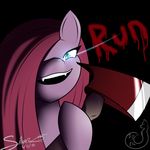  axe black_background creepy english_text equine fangs friendship_is_magic fur hair half-closed-eyes horse looking_at_viewer mammal my_little_pony open_mouth pink_fur pink_hair pinkamena_(mlp) pinkie_pie_(mlp) plain_background pony silverfox057 smile teeth text weapon 
