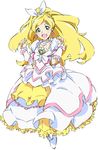  :d blonde_hair brooch choker cure_rhythm dress earrings frills full_body go!_princess_precure green_eyes hair_ribbon jewelry long_hair magical_girl minamino_kanade mode_elegant_(go!_princess_precure) open_mouth parody precure ribbon smile solo suite_precure umanosuke white_background white_choker wrist_cuffs 