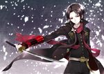  brown_hair coat earrings highres jewelry kashuu_kiyomitsu male_focus mole mole_under_mouth nail_polish petals ponytail red_eyes red_nails red_scarf scarf solo sword touken_ranbu weapon yoshiwo 