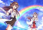  :d ahoge bare_shoulders black_hair blue_sky brown_hair cloud day detached_sleeves haruna_(kantai_collection) headgear kantai_collection kongou_(kantai_collection) long_hair looking_at_viewer multiple_girls non_(nobu) nontraditional_miko open_mouth outdoors rainbow sky smile water 