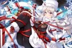  1girl absurdres azur_lane bald_eagle belt belt_buckle bird boots box breasts buckle capelet eagle enterprise_(azur_lane) fur_trim gift gift_box hat highres kurot large_breasts long_hair pantyhose purple_eyes reindeer ribbon santa_costume scarf silver_hair snowman tangled underbust white white_santa_costume 