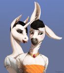  ambiguous_gender blush chiton collar dress equine girly half-closed_eyes horn kisses lips lipstick long_ears long_neck lovers luca mammal mascara mio mischievous necklace plain_background red_lips shy stripes unicorn zaggatar zonkey 