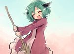  animal_ears bad_id bad_twitter_id blush broom closed_eyes dress green_hair happy kanitama_(putyourhead) kasodani_kyouko long_sleeves open_mouth petals pink_dress short_hair smile solo touhou 