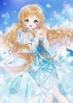 1girl :d blue_dress blue_eyes blue_sky blush braid breasts cloud cloudy_sky commission day dress hands_up highres light_brown_hair long_hair long_sleeves looking_at_viewer low_twintails mullpull open_mouth original outdoors see-through see-through_sleeves sky small_breasts smile snowflakes solo twintails very_long_hair 