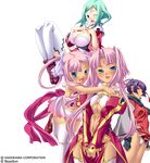  absurdres blue_eyes blush breasts bun_cover center_opening cleavage dress fang fundoshi glasses green_eyes green_hair hair_bun highres hikage_eiji hug japanese_clothes kannei koihime_musou large_breasts long_hair midriff multiple_girls navel one_eye_closed pink_hair rikuson skirt sleeveless smile sonken sonshoukou thighhighs transparent_background wind wind_lift zettai_ryouiki 