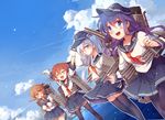  akatsuki_(kantai_collection) arms_up black_legwear blue_eyes blue_sky brown_eyes brown_hair cannon closed_eyes cloud day flat_cap folded_ponytail hair_ornament hairclip hands_on_own_chest hat hibiki_(kantai_collection) ikazuchi_(kantai_collection) inazuma_(kantai_collection) kantai_collection machinery multiple_girls neckerchief ocean open_mouth pantyhose purple_eyes purple_hair red_neckwear school_uniform serafuku shirt silver_hair skirt sky smile thighhighs yetworldview_kaze zettai_ryouiki 