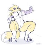  2015 anthro areola arm_sleeves balls bandai big_breasts black_sclera blue_eyes blush breasts chest_tuft digimon female fingerless_gloves fur gloves hindpaw nipples paws plain_background pussy renamon skoon solo tuft white_background yellow_fur 