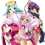  :&lt; arms_up blue_eyes breasts bun_cover cleavage cropped_jacket fang fundoshi glasses green_hair hair_bun hair_ornament hairclip highres hikage_eiji japanese_clothes kannei koihime_musou large_breasts long_hair midriff miniskirt multiple_girls navel panties pink_hair purple_eyes purple_hair ribbon rikuson scarf skirt smile sonshoukou thighhighs transparent_background twintails underwear very_long_hair zettai_ryouiki 