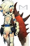  armor armpits barioth_(armor) blue_eyes blue_gloves copyright_name earrings facial_mark gloves greatsword hairband huge_weapon jewelry jyun_xix leaning_back looking_away looking_back monster_hunter monster_hunter_3 navel scar solo spiked_hairband spikes sword thighhighs vambraces weapon white_hair 