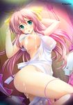  apron ass blue_eyes breast_slip breasts choukaku clothes_removed cream dirty highres koihime_musou large_breasts long_hair lying microphone naked_apron nipples on_back one_breast_out panties panties_around_one_leg pink_hair pink_panties ribbon sexually_suggestive shinozuka_atsuto solo underwear very_long_hair 