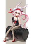  adapted_costume animal_ears beret black_gloves breasts brown_legwear bunny_ears bunny_tail bunnysuit chair cleavage collar drum_(container) fake_animal_ears full_body gloves hair_ornament harusame_(kantai_collection) hat high_heels jpeg_artifacts kantai_collection katahira_masashi leotard long_hair medium_breasts open_mouth pantyhose pink_eyes pink_hair red_eyes ribbon side-tie_leotard side_ponytail sitting smile solo tail 