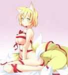  animal_ears blonde_hair blush breast_squeeze breasts collarbone fox_ears fox_tail gift_wrapping gradient gradient_background jpeg_artifacts kitsunetsu_(rcu_be1s) large_breasts looking_at_viewer multiple_tails naked_ribbon navel ribbon short_hair sitting skindentation smile solo tail touhou v_arms wariza yakumo_ran yellow_eyes 