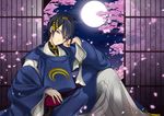  black_hair blue_eyes cherry_blossoms chin_rest full_moon highres japanese_clothes male_focus mikazuki_munechika moon night petals sitting smile solo touken_ranbu tree yoshiwo 