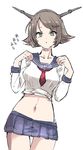  alternate_costume brown_hair cis_(carcharias) grey_eyes hairband kantai_collection looking_at_viewer miniskirt mutsu_(kantai_collection) navel neckerchief open_mouth school_uniform serafuku skirt solo translated 