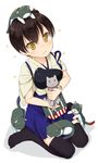  akai_ronii animal animal_on_head black_legwear blue_skirt brown_hair cat cat_on_head hakama_skirt japanese_clothes kaga_(kantai_collection) kantai_collection looking_at_viewer muneate no_shoes on_head on_lap pleated_skirt side_ponytail simple_background sitting skirt solo sparkle tasuki thighhighs wariza white_background yellow_eyes 