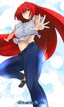  aozaki_aoko blue_eyes denim hair_intakes jeans kojima_(blue_stardust) long_hair melty_blood midriff outstretched_arms outstretched_hand pants red_hair serious shirt solo tsukihime very_long_hair white_shirt 