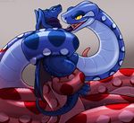  anaconda anthro black_skin blue_eyes blue_skin blue_spots captured claws dragon duo imminent_death open_mouth prehensile_tongue prey red_skin red_spots reptile royalty_(artist) scalie smile snake tongue tongue_out white_skin wings yellow_eyes 
