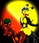  angry ant antennae arthropod ass_to_ass bee breasts brown_skin butt duo female helmet insect nipples saesar shiny squeezing yellow_skin 